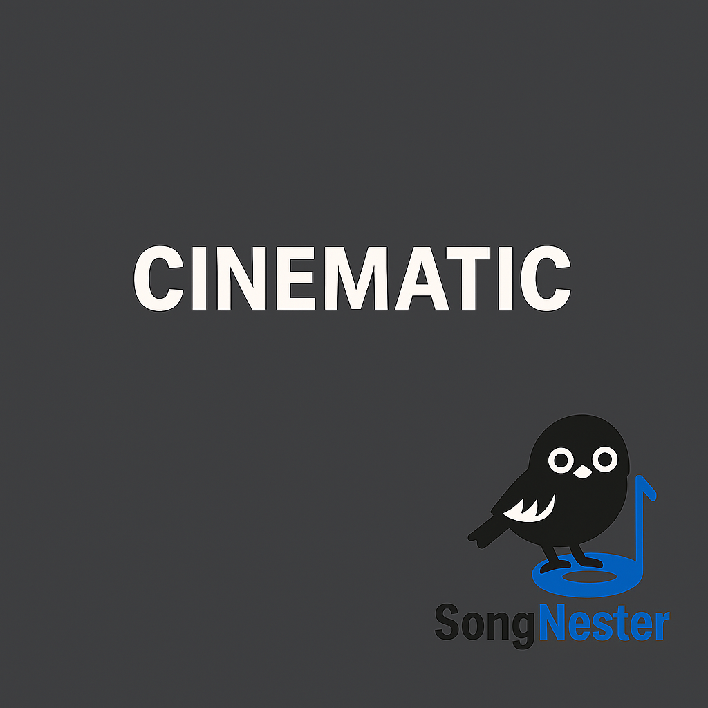 Cinematic music catalog with SongNester logo on grey-black background.