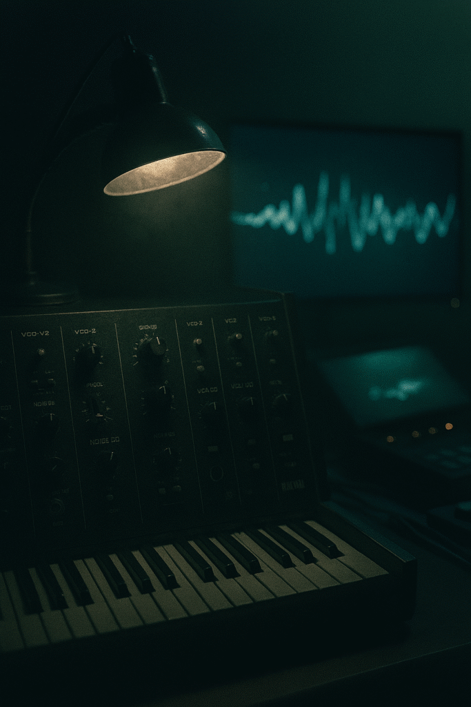 “Moody night scene of a vintage analog synthesizer in a dark studio, lit by a desk lamp, with glowing dials and a computer monitor displaying a waveform.”